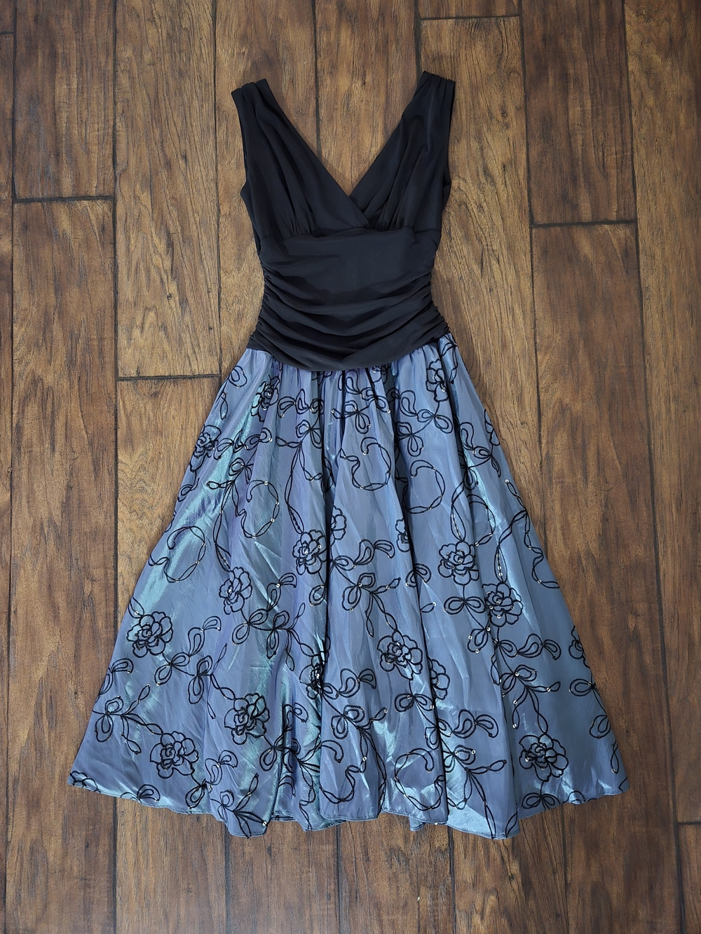 S.L. Fashions Black Bodice Blue Floral Midi Dress